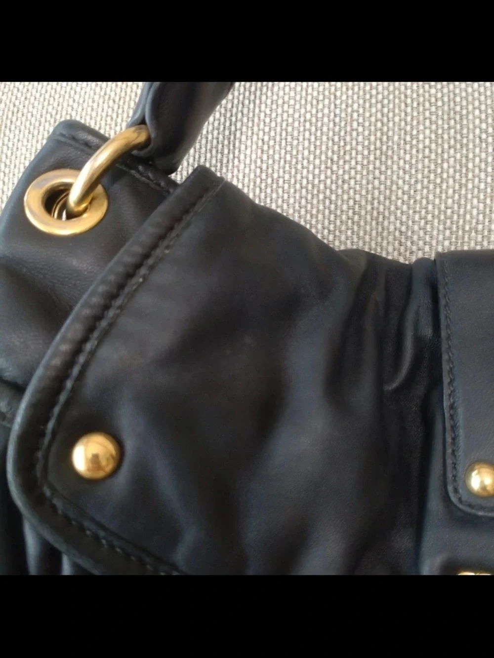 Miu Miu Black Ruched Leather Shoulder Bag with Gold Hardware